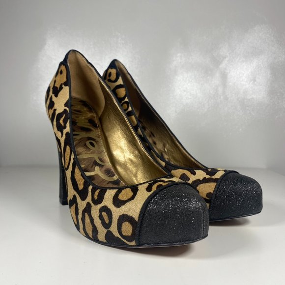 Sam Edelman Women Shoes Frances Leopard High Heels Sparkle Leather Brown Sz 7 - Picture 1 of 14